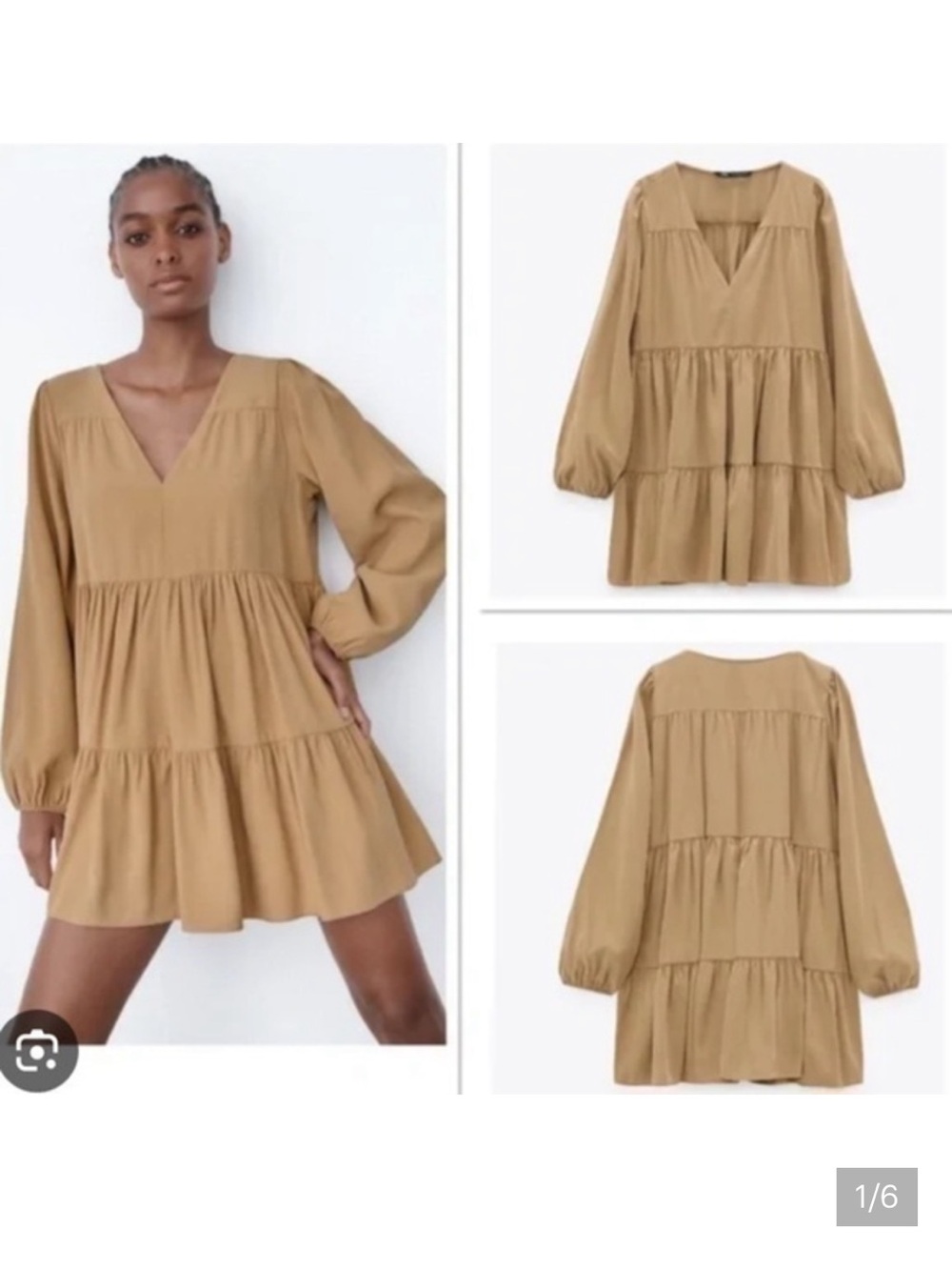 Zara NWT tiered flounce long sleeve babydoll mini dress brown